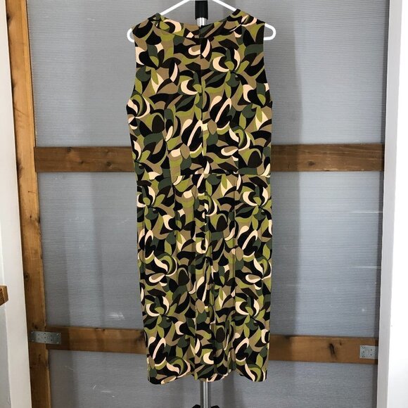 Tahari ASL Abstract Print Green Brown Cream Sleeveless Midi Dress Sz14 - Picture 8 of 16